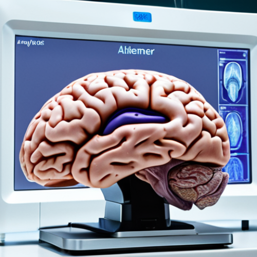 **Brain scan revealing early signs of Alzheimer's disease, highlighting amyloid plaques, with a futuristic PET scan device in a modern clinic setting.**