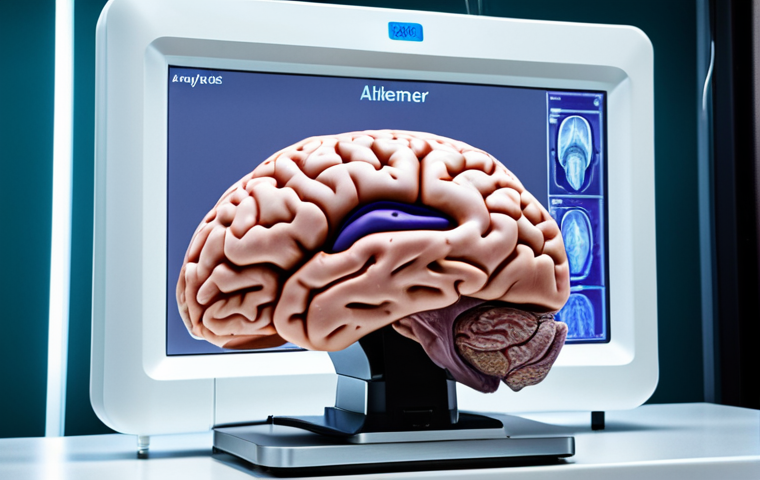 **Brain scan revealing early signs of Alzheimer's disease, highlighting amyloid plaques, with a futuristic PET scan device in a modern clinic setting.**